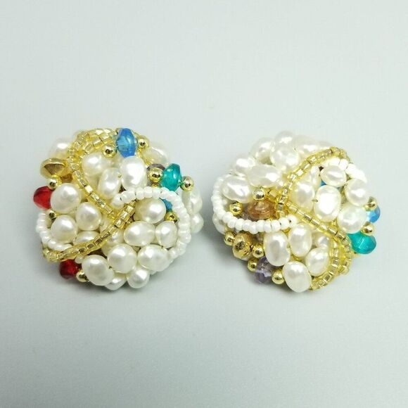 Vintage Large Beaded Cluster Clip On Earrings Faux Pearl Gold Tone, Retro Estate - Picture 2 of 6